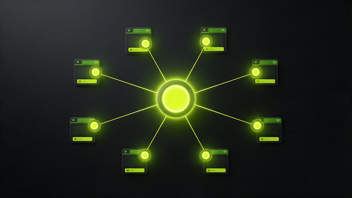 Un nœud central lumineux relié à plusieurs fenêtres de sites web, illustration du consultant SEO freelance