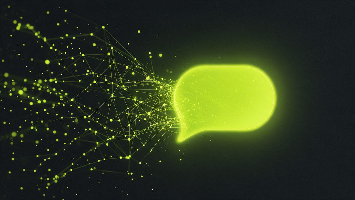Réseau de nœuds lumineux convergeant vers une bulle de réponse, illustration du GEO (Generative Engine Optimization)