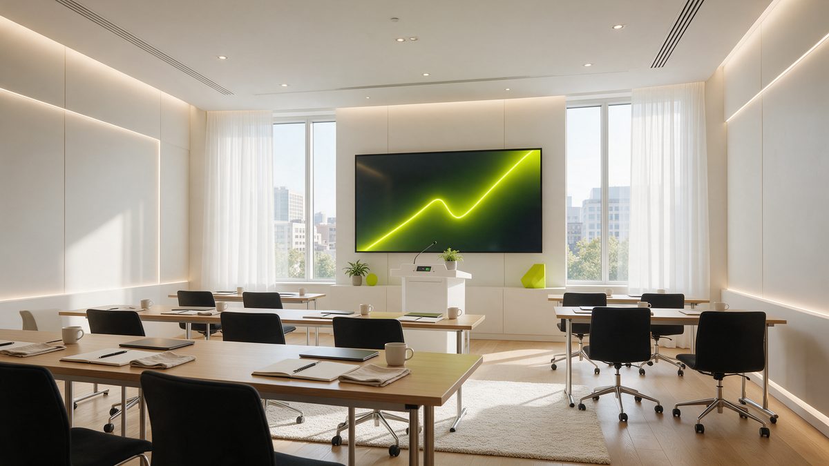 Salle de séminaire moderne avec un grand écran et une courbe lumineuse (illustration du cas formation)