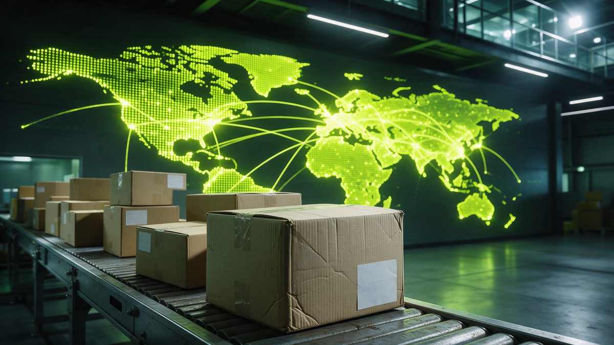 Colis sur un convoyeur dans un hub logistique, carte du monde lumineuse (illustration du cas logistique)