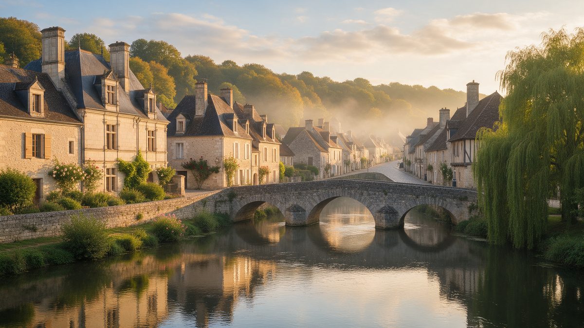 Village de la vallée du Loir au petit matin, façades Renaissance et pont de pierre (illustration)