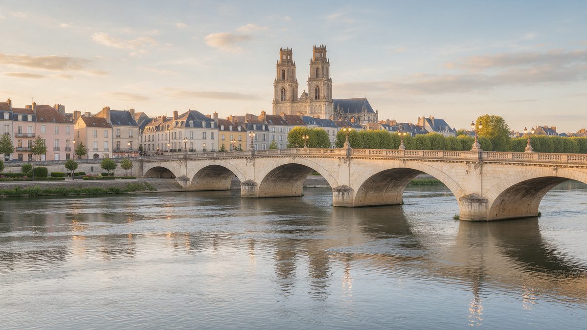 Orléans au bord de la Loire, pont de pierre et cathédrale Sainte-Croix au petit matin (illustration)