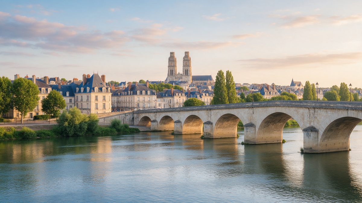 Tours au bord de la Loire, pont de pierre et vieille ville au petit matin (illustration)