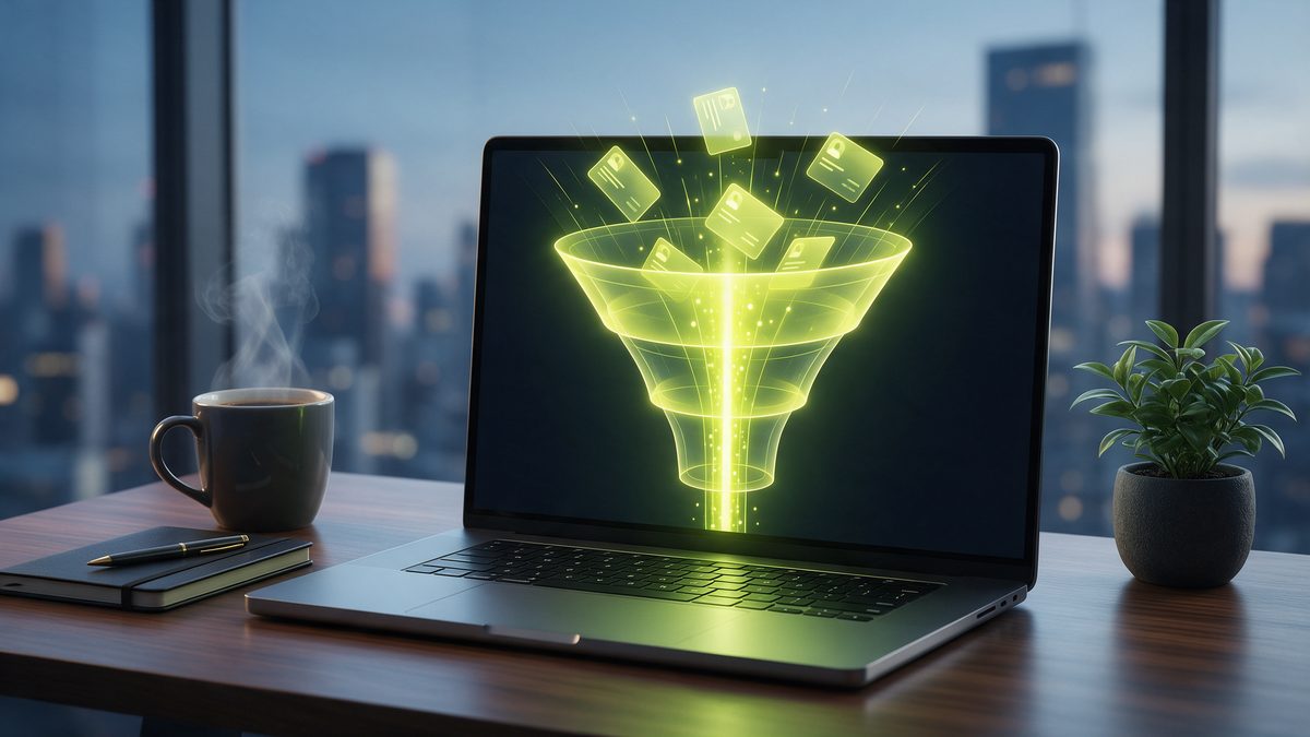 Bureau sombre avec un ordinateur affichant un entonnoir de conversion lumineux (illustration)