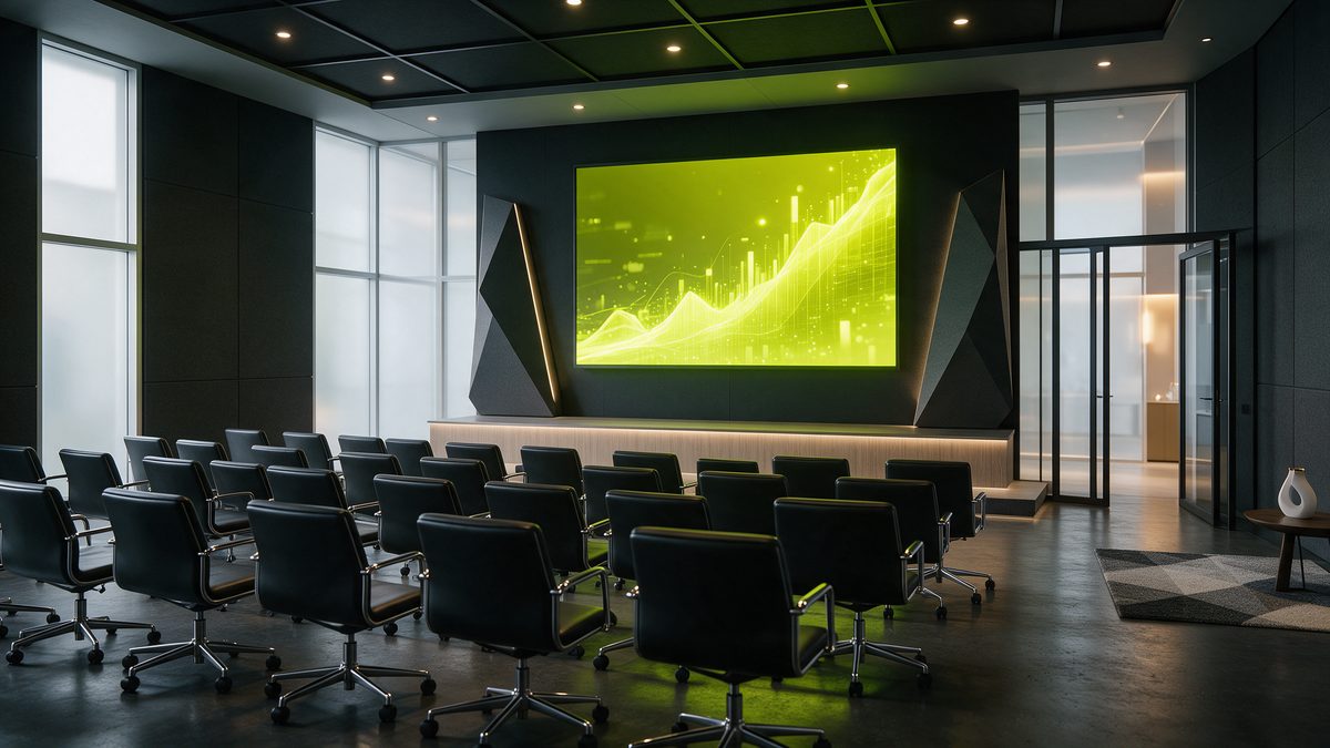 Salle de formation moderne avec un grand écran lumineux (illustration)